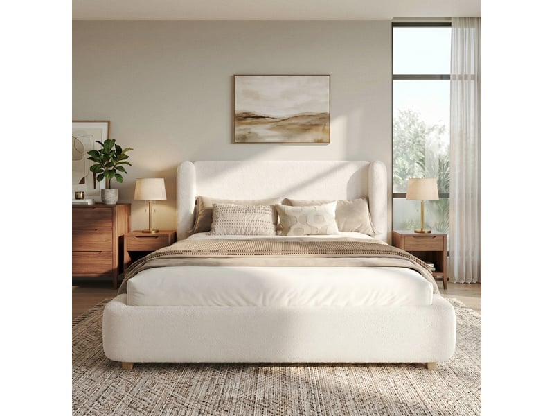 Lit coffre 140x190 cm bouclé beige avec sommier à lattes et ouverture hydraulique - Conforama D