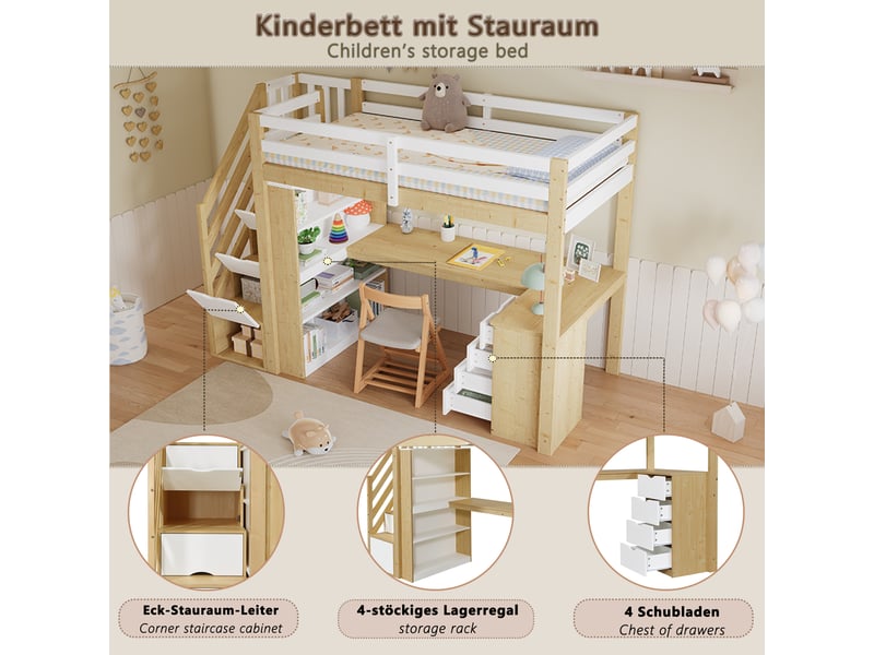  Lit mezzanine 90 x 200 cm en bois, bureau intégré, escalier avec rangements, étagères et tiroirs, blanc et bois naturel, pour chambre d’enfant  - Conforama E