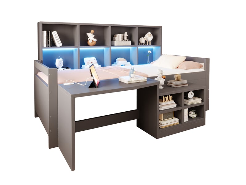  Lit superposé 90x200 cm avec bureau et rangements led en bois et bois synthétique gris  - Conforama A