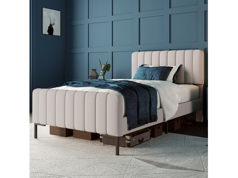  Lit simple 90x200 cm avec sommier à lattes et tête de lit réglable, gris et beige  - Conforama D