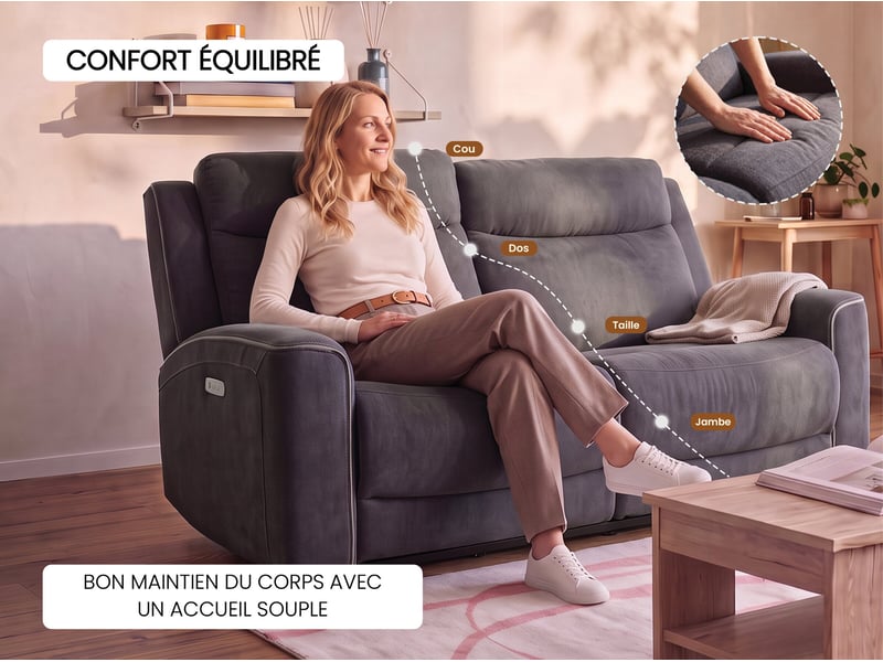 Canapé droit relax électrique 3 places BESTA coloris gris - Conforama I