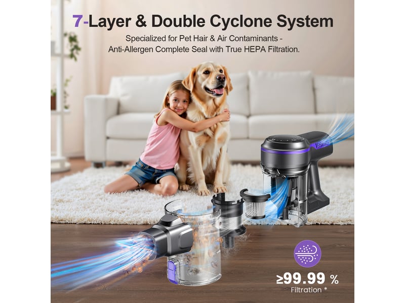  Aspirateur balai sans fil violet avec écran led, brosse rouleau souple, aspiration jusqu'à 26 kpa  - Conforama D