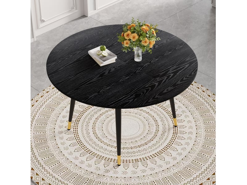 Table à manger extensible, table repas ronde à ovale, table gain de place, pieds métal dorés, mdf noir, 6 à 8 personnes - Conforama B