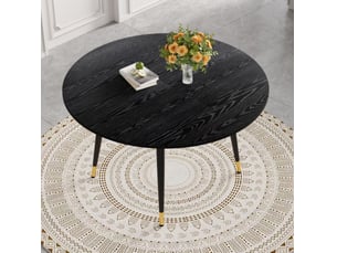 Table à manger extensible, table repas ronde à ovale, table gain de place, pieds métal dorés, mdf noir, 6 à 8 personnes