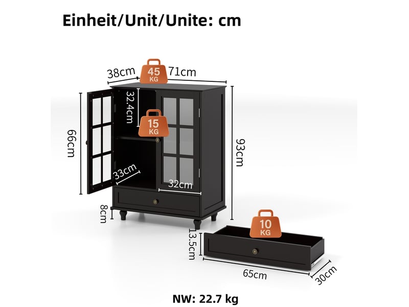  Buffet vitré 2 portes avec tiroir 71x38x93 cm en mdf noir  - Conforama C