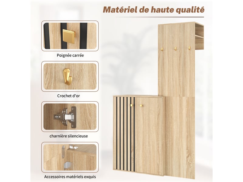  Meuble d'entrée multifonction avec penderie et range-chaussures, portes à stripes verticales, design moderne avec crochets et étagères  - Conforama E