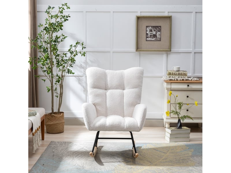  Fauteuil à bascule 65x77x90 cm, dossier enveloppant, poche latérale, tissu teddy et bois, blanc  - Conforama D