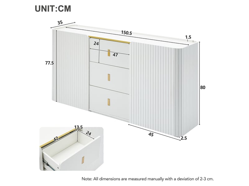  Buffet blanc avec éclairage led 22 couleurs, 2 portes et 3 tiroirs - 150 x 35 x 80 cm  - Conforama E