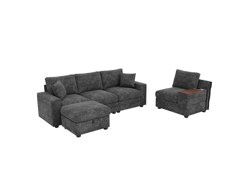 Canapé d'angle, canapé modulable – avec rangement, avec accoudoirs, avec pouf, gris, porte-gobelets, port usb - Conforama B