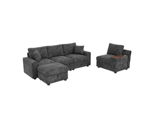 Canapé d'angle, canapé modulable – avec rangement, avec accoudoirs, avec pouf, gris, porte-gobelets, port usb