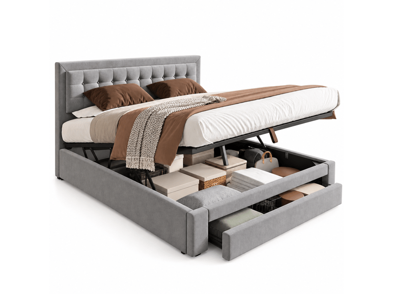 Lit coffre rembourré 160 x 200 cm, lit double avec tiroirs, grand espace de rangement, sommier à lattes, velours, gris Seren Glow - Conforama A
