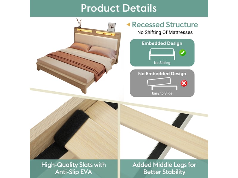  Lit double 140x200 avec matelas inclus, tête de lit led et banc coffre  - Conforama E
