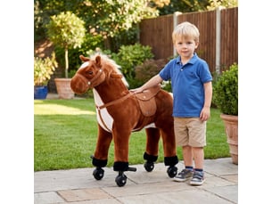 Cheval debout mobile en peluche effets sonores hennissement galop selle marron