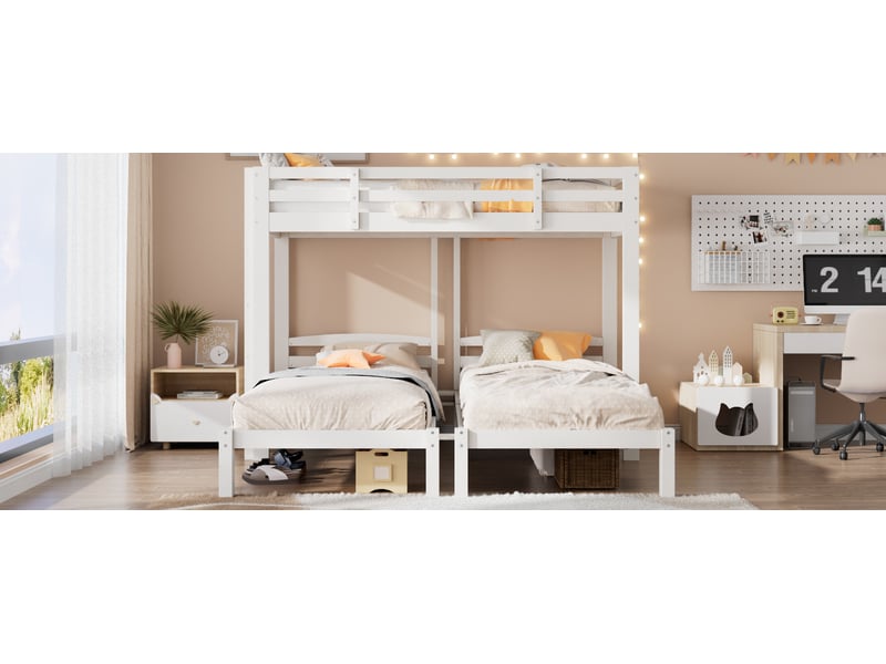 Lit superposé triple 90x200 cm pour 3 personnes, échelle latérale réversible, bois blanc, sans matelas - Conforama D