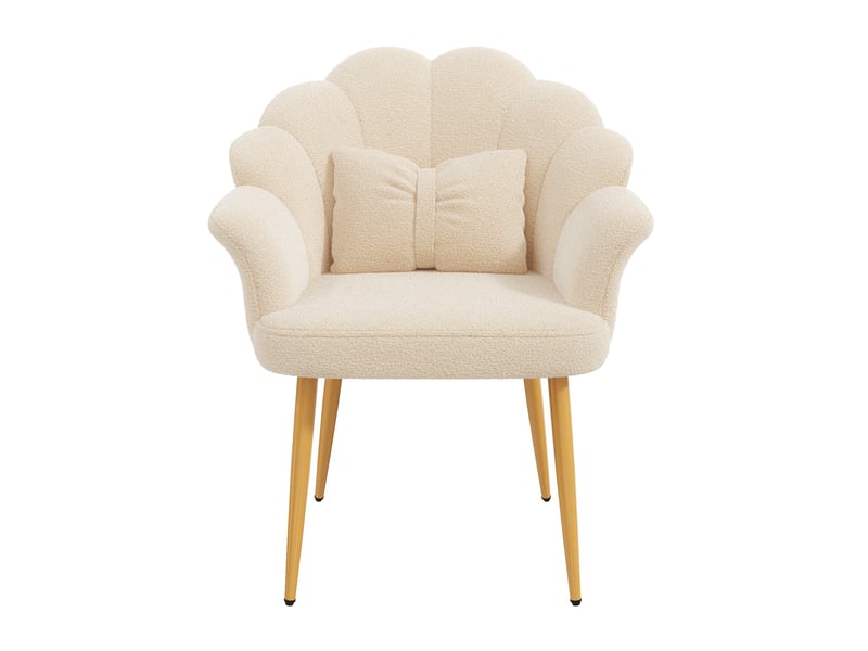  Fauteuil de salle à manger à dossier pétale en tissu teddy beige, pieds dorés  - Conforama A