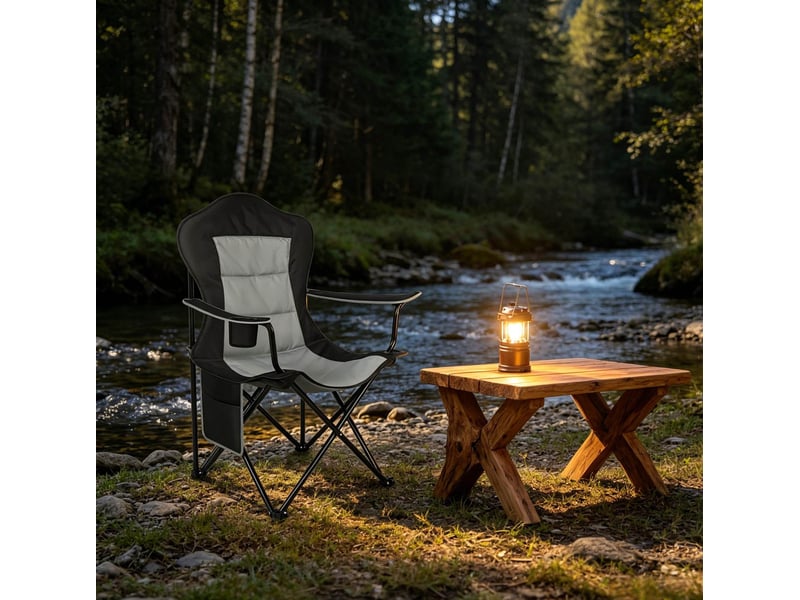  Chaise de camping pliante noire et gris foncé avec porte-gobelet, poche latérale et sac de transport pratique  - Conforama E