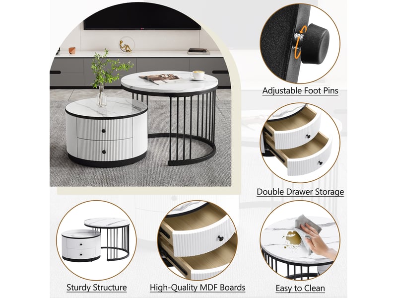 Tables basses gigognes rondes avec 2 tiroirs, plateaux en mdf effet marbre brillant, blanc et noir  - Conforama E