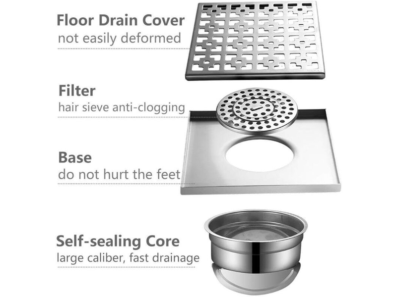  Siphon de sol exterieur,siphon de sol et écoulement de douche,siphon sol d'évacuation,siphon avec arrêt du parfum et tamis à cheveux,silver-20×20cm  - Conforama E