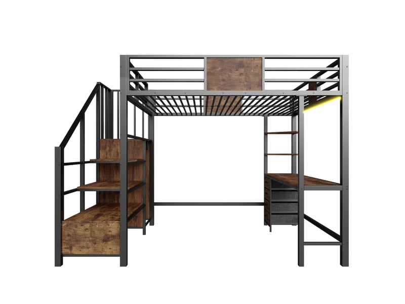  Lit mezzanine 140x200 cm en métal avec bureau, penderie, étagères, led et prise européenne, noir Fay Lum - Conforama W