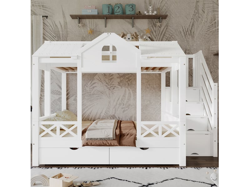 Lit superposé enfant 90x200 et 140x200 cm avec tiroirs, escalier et toit blanc - Conforama E