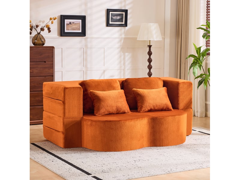  Canapé de sol convertible 2 places en tissu peluche orange avec 4 coussins  - Conforama B