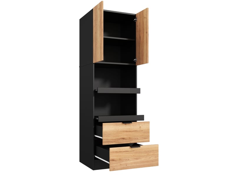  Armoire de cuisine haute 59,5 x 45 x 200 cm – noire – 2 tiroirs, niches coulissantes et anti-basculement  - Conforama A