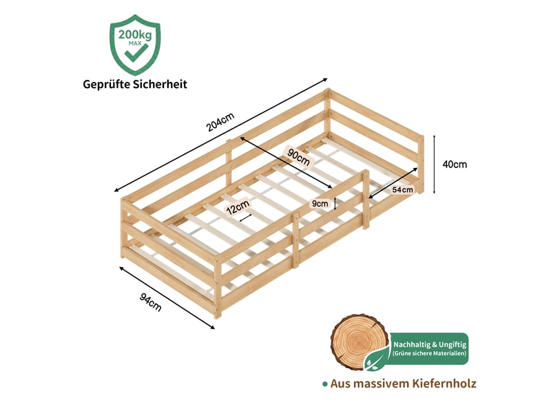  Lit montessori 90x200 cm avec barrière périphérique 40 cm, lit enfant avec sommier à lattes inclus, structure en pin massif naturel OPULERANE TRADING LTD - Conforama E