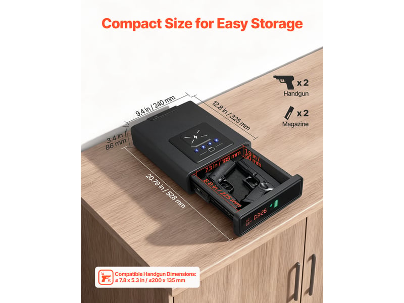  Vevor coffre-fort pour 2 pistolets 2 chargeurs, coffre pour armes de poing verrouillable, 3 facons d’acces empreinte digitale, mot de passe et cles, avec ecran, chargement sans fil, pour table bureau  - Conforama C
