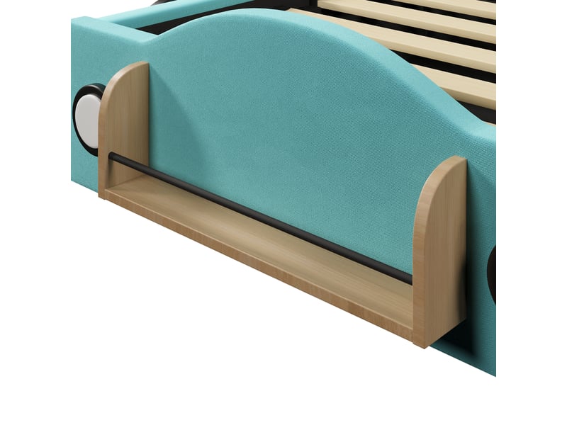 Lit voiture 90x200 cm, coffre relevable, poches latérales, rangement en bout de lit, tissu flanelle et mdf, bleu - Conforama E
