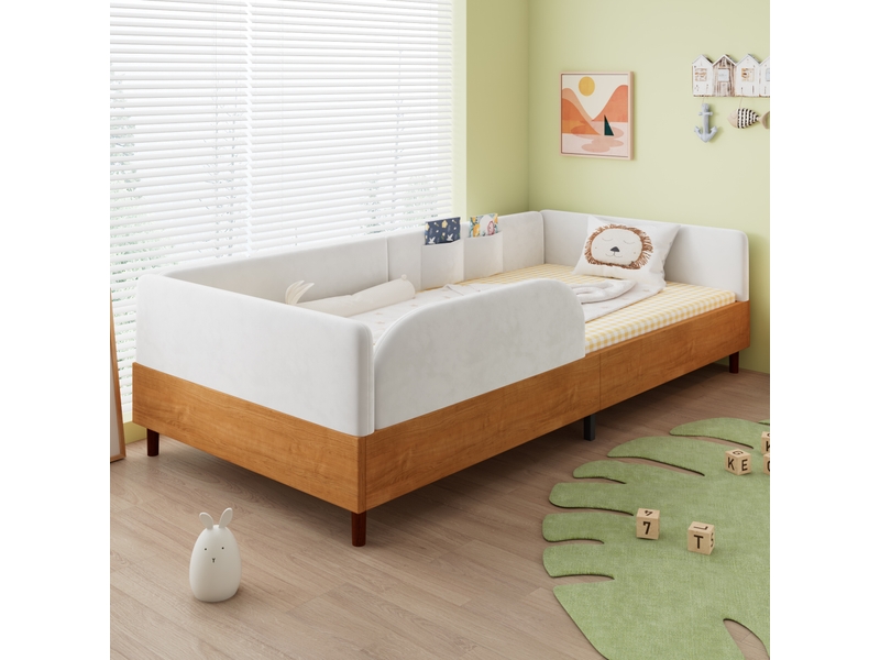  Lit enfant velours blanc et bois naturel, dimensions 90x200 cm  - Conforama W