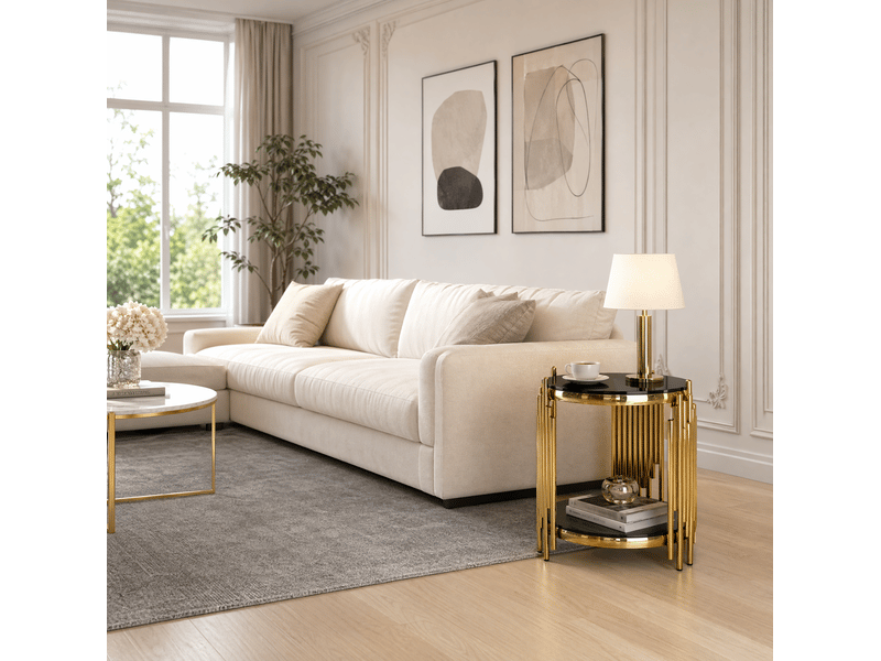  Bout de canapé ulevr rond 2 niveaux avec rangement, verre trempé noir et acier inoxydable doré, ø45 x h55 cm  - Conforama E