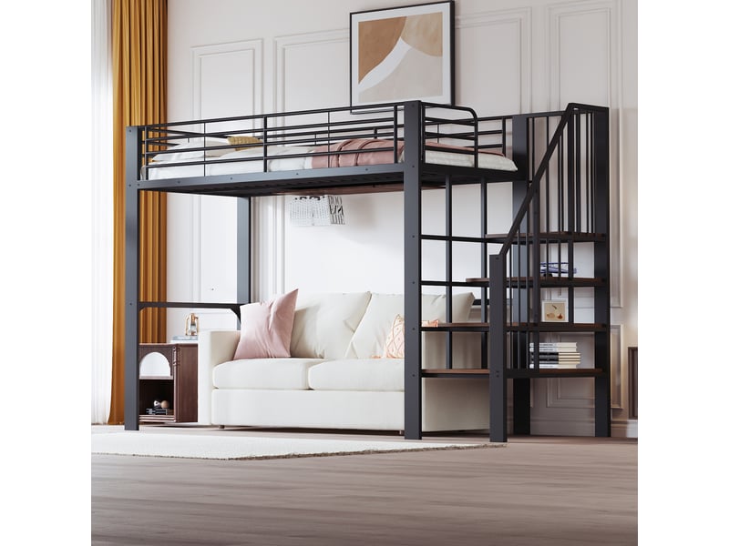  Lit mezzanine en métal 90 x 200 cm noir, structure stable avec échelle et grand rangement sous le lit  - Conforama D