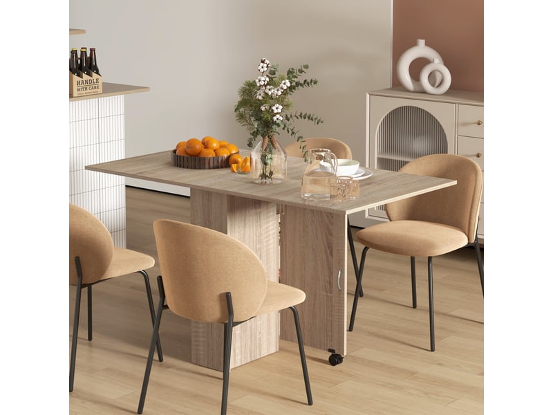  Table pliante en bois naturel avec 2 abattants, 2 étagères et roulettes, idéale pour la cuisine ou la salle à manger. Dimensions : 75 x 140 x 74 cm.  - Conforama D
