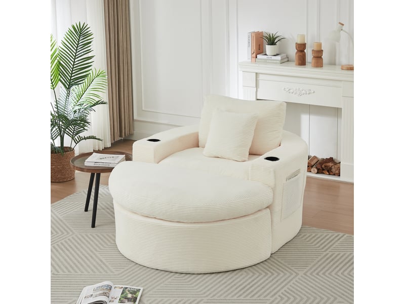  Fauteuil lounge rond 1 place avec repose-pieds et porte-gobelet, velours côtelé beige  - Conforama R