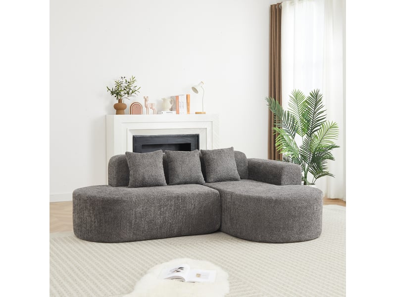  Canapé d'angle 3 places 222x157x73 cm gris anthracite en chenille, chaise longue à droite, 3 coussins  - Conforama B