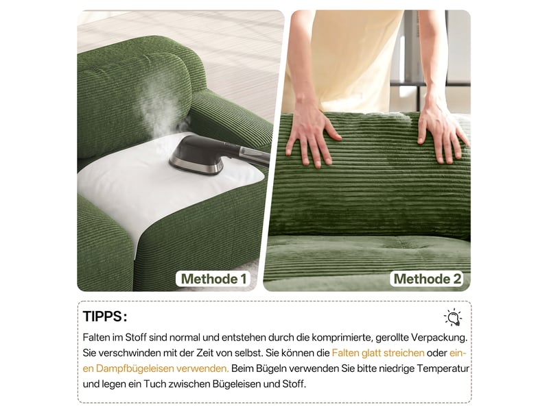Canapé loveseat modulaire 208x103x70 cm en velours côtelé vert, sans cadre, accoudoirs galbés et base antidérapante. - Conforama E