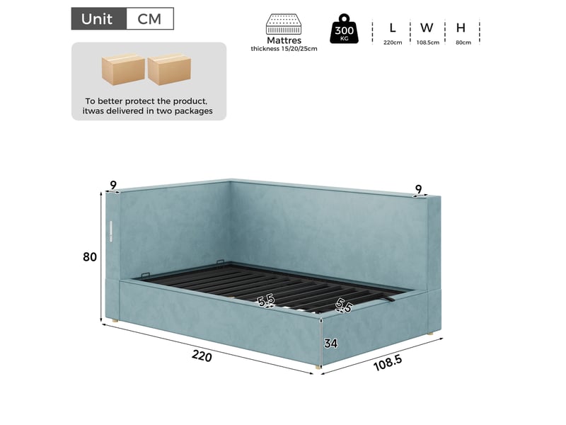  Lit coffre 90x200 cm, lit simple en velours bleu avec led et usbtype-c, sans matelas  - Conforama C