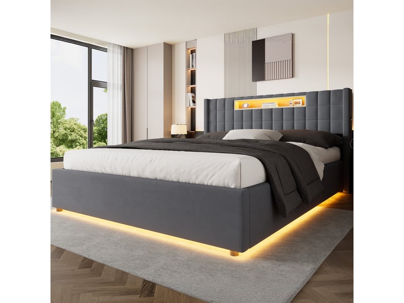 Lit coffre led capitonné avec tiroirs de rangement et ports usb en velours gris foncé 160 × 200 cm - Conforama D