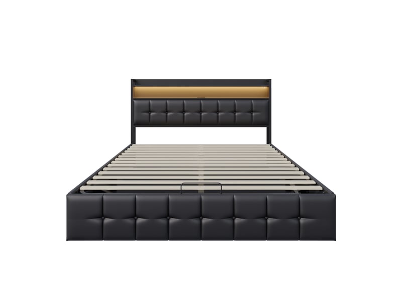  Lit double coffre - 140 x 190 cm-noir - en similicuir pu, avec tête de lit de rangement, éclairage led, prises et vérins hydrauliques  - Conforama A