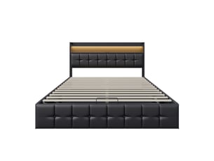 Lit double coffre - 140 x 190 cm-noir - en similicuir pu, avec tête de lit de rangement, éclairage led, prises et vérins hydrauliques