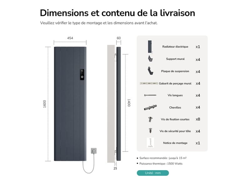  Emke radiateur électrique à convection 1500w, panneau chauffant mural en aluminium 160x45,4cm, thermostat wifi, anthracite  - Conforama E