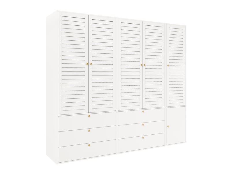 Armoire de chambre 225x50x200 cm, dressing penderie moderne avec 5 portes persiennes, avec 3 tringles et 6 tiroirs, pour adulte ou enfant, blanc  - Conforama D