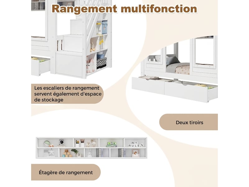  Lit superposé 90x200 cabane avec escalier de rangement et tiroir - bois massif blanc  - Conforama D
