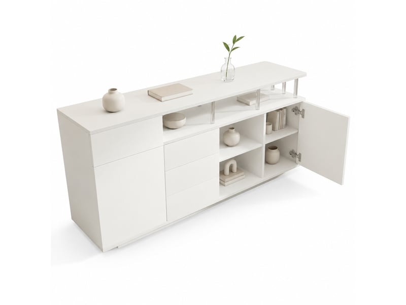 Buffet bas 160 x 40 x 75 cm avec éclairage led, 4 tiroirs, 2 portes, étagères réglables, supports en acrylique, blanc - Conforama A