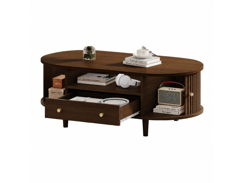  Table basse ovale effet noyer avec tiroir, rangement ouvert et portes à rideau 100 x 50 x 36 cm bois foncé  - Conforama A