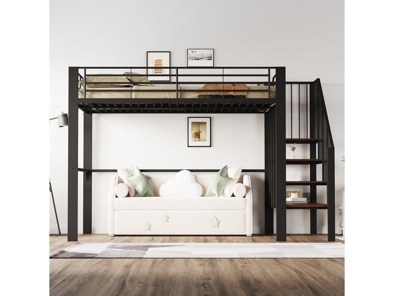  Lit mezzanine 140 x 200 cm gain de place rangement sous-lit métal et bois robuste escalier intégré noir sans matelas  - Conforama B