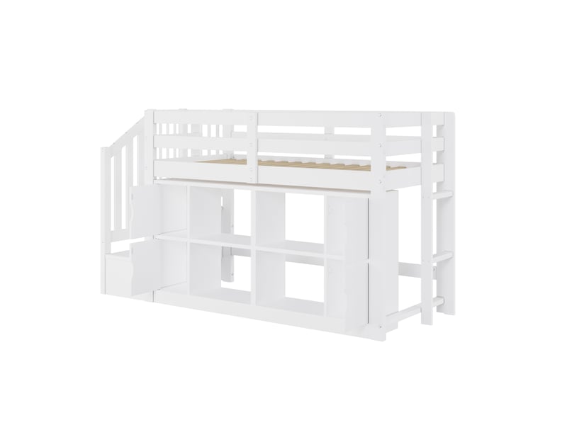  Lit mezzanine 90x200cm - avec rangements et penderie - avec échelle de rangement et éclairage led - mdf - blanc (sans matelas)  - Conforama W