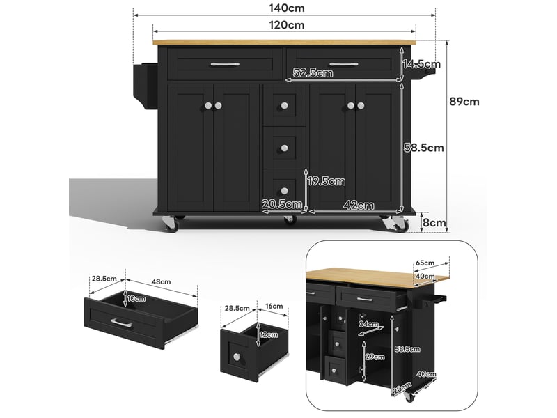 Desserte de cuisine 140x65x89 cm noire et naturelle avec plateau rabattable, 5 tiroirs - Conforama C