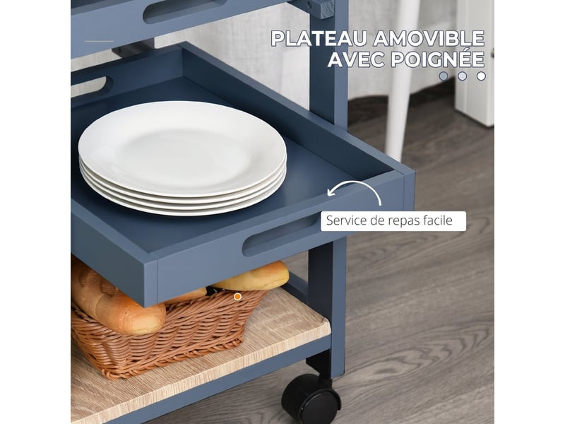  Chariot de service desserte de cuisine à roulettes 2 plateaux amovibles, étagère chêne clair gris, tiroir  - Conforama E