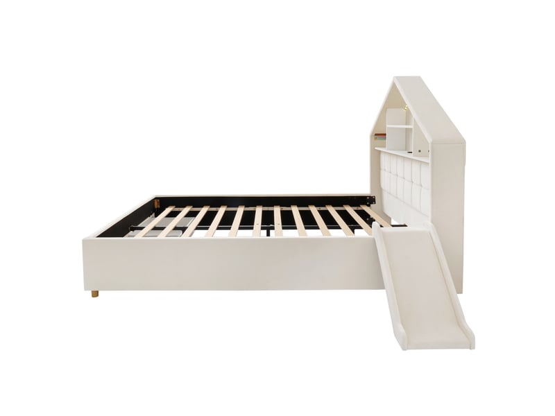  Lit enfant 140 x 200 cm beige en velours, avec toboggan réversible, led, rangement et port de charge intégré  - Conforama D
